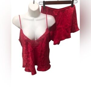 VTG Y2K SILKSCREEN Red Floral Embossed Tap Pant Cami Set Sz. M 100% Silk